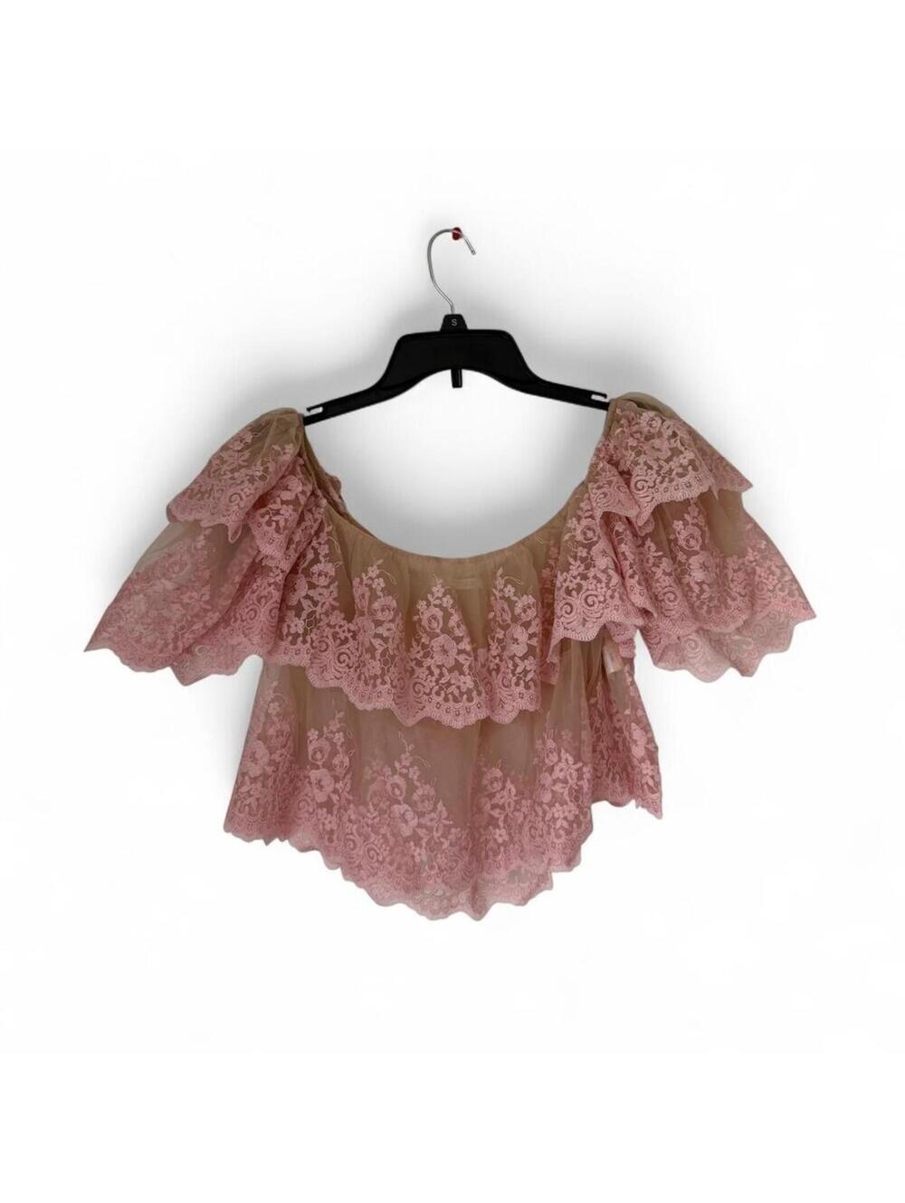 Women's Zara Pink Off-The-Shoulder Embroidered Ruffle Lace Crop Top SMALL